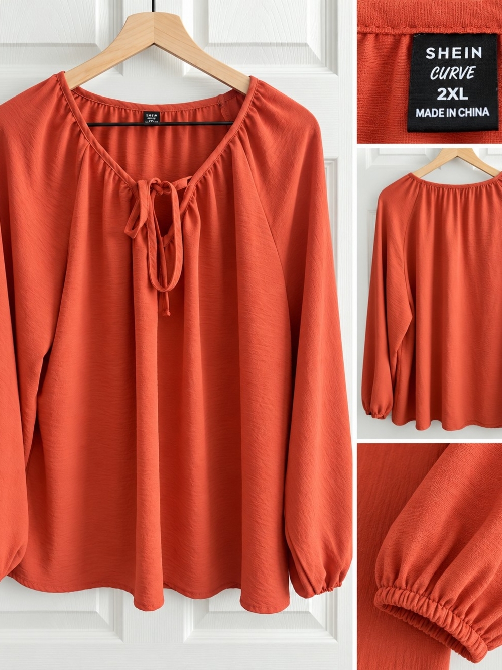 SHEIN Curve Tie-Neck Long Sleeve Blouse in Rust Orange